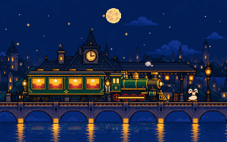 The Moonrail night train stopped at a station in a pixel-art old town at night, with Momo the penguin on the platform holding a cup of tea.